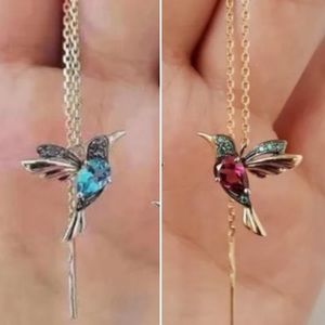 BLUE or RED 18K Yellow Gold Filled Birdie Drop Crystal Dangle Chain Earrings